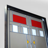 Closeup of "Cornelius 18x36" mission style mirror with black frame.
